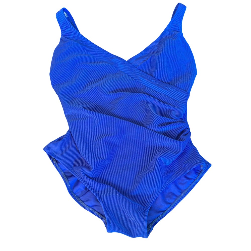 Gottex Vintage One Piece Swimsuit‎ Blue Ribbed Surplice Ruched Slimming Sz 14